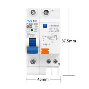 Der schienenmontierte Miniatur-Leistungsschalter PHLTD ist in 110 V–120 V, 1P+N16A, Größe 45 x 87,5 mm erhältlich-