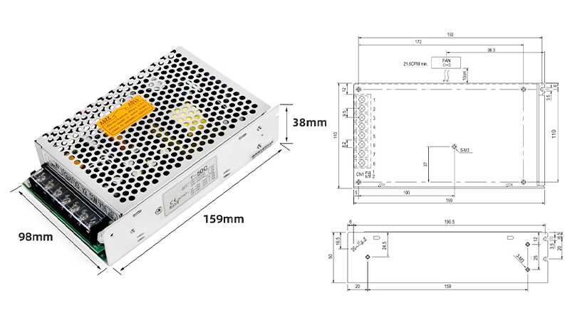 PHLTD Netzteil mit Einzelgruppenausgang T-50V, Größe 159 x 98 x 38 mm-