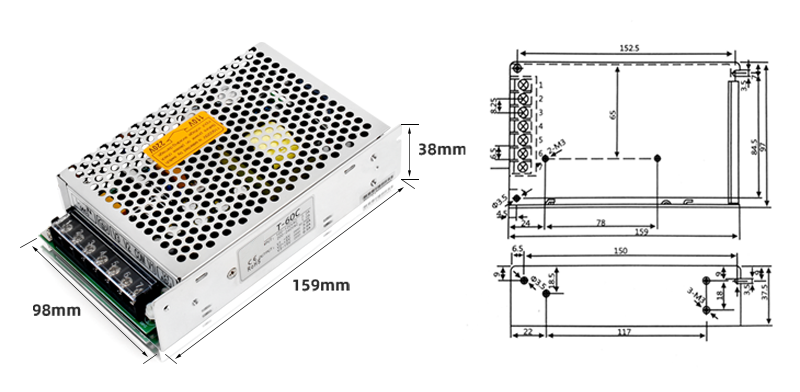 PHLTD Netzteil mit Einzelgruppenausgang T-60V, Größe 159 x 98 x 38 mm-