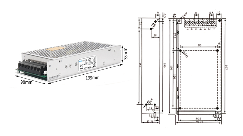 Übersicht der Produktabmessungen für PHLTD S-Serie Schaltnetzteil S-100 S-120 S-150 effizient-