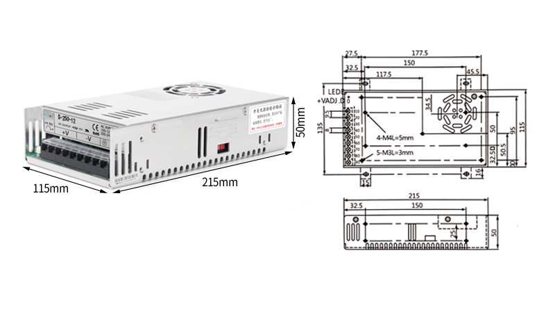 Übersicht der Produktabmessungen für PHLTD S-Serie Schaltnetzteil S-250 S-300 S-400 effizient-