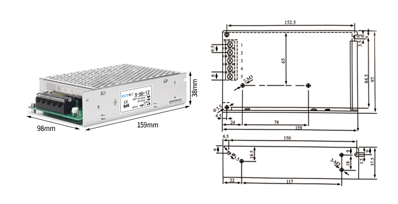 Übersicht der Produktabmessungen für PHLTD S-Serie Schaltnetzteil S-50 S-60 S-75 effizient-