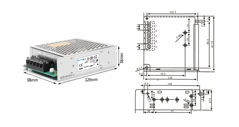 Übersicht der Produktabmessungen für das PHLTD S-Serie Schaltnetzteil S-35 effizient und stabil, mit kompletten Modellen-