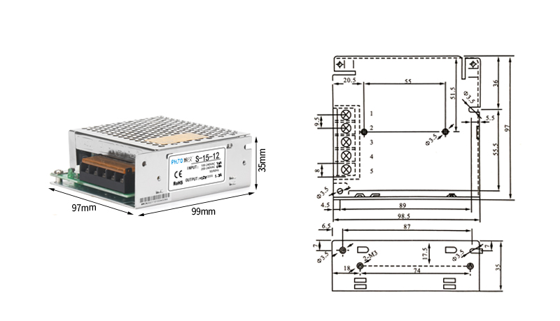 Übersicht der Produktabmessungen für die Schaltnetzteile S-15 und S-25 der PHLTD S-Serie-