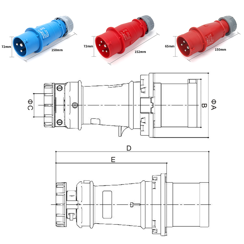 PHLTD IP44 Flammhemmender Industrie-Luftfahrt-Stecker und -Buchse, 3-adrig, 4-adrig, 5-adrig, 32 A, Maßzeichnung-