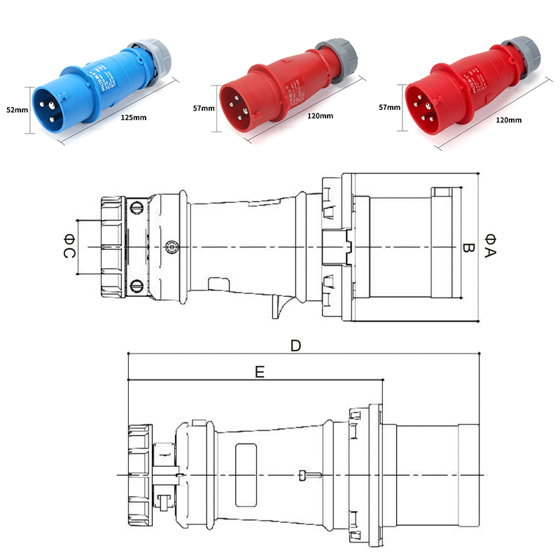 PHLTD IP44 flammhemmender Industrie-Luftfahrtstecker und -buchse, 3-polig, 4-polig, 5-polig, 16 A, Größentabelle-