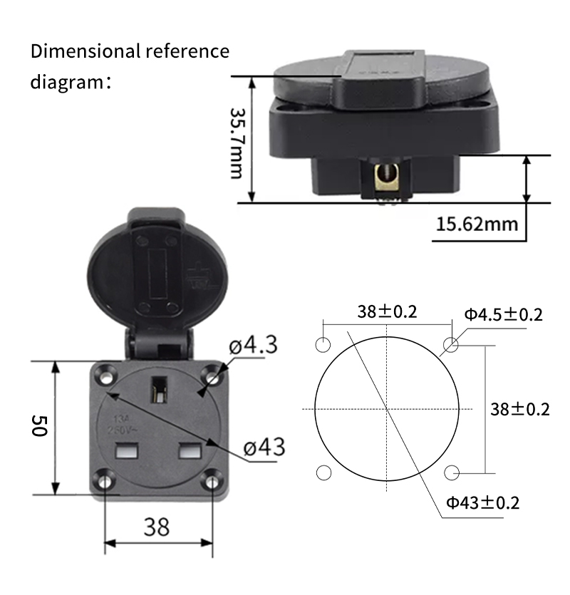 PHLTD IP54 Wasserdichte Generatorsteckdose nach britischem Standard 13A, drei flache britische wasserdichte Steckdosengröße 50 mm x 50 mm-