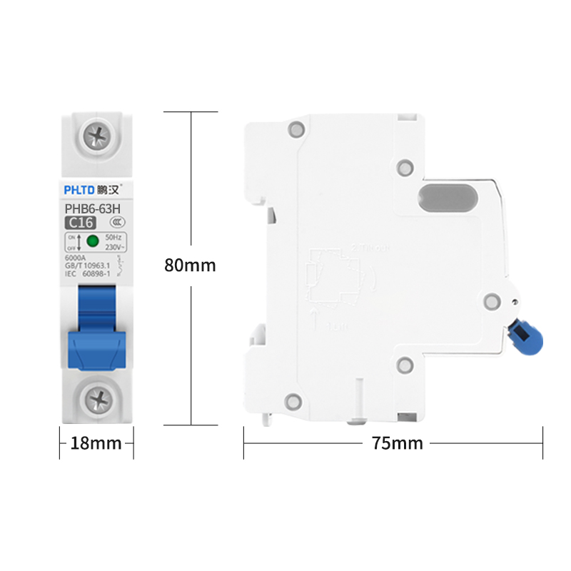 PHLTD schienenmontierter Miniatur-Leistungsschalter, Luftschalter, Leckage, Überlast, Kurzschlussauslöser 110 V 120 V, 1P16A, Größe 18 x 80 mm-