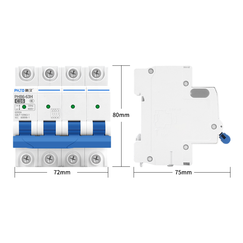 PHLTD schienenmontierter Miniatur-Leistungsschalter, Luftschalter, Leckage, Überlast, Kurzschlussauslöser 110V120V, 4P16A, Größe 72x80mm-