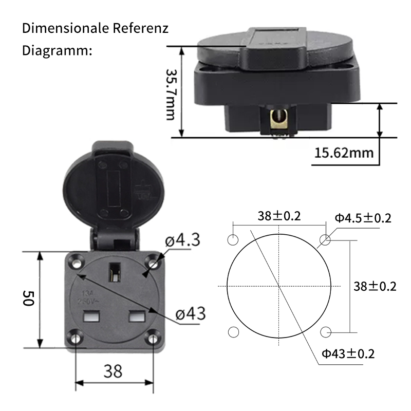 PHLTD IP54 wasserdichte Generatorsteckdose nach britischem Standard 13A mit drei flachen britischen Steckdosen, Größe 50 mm x 50 mm
